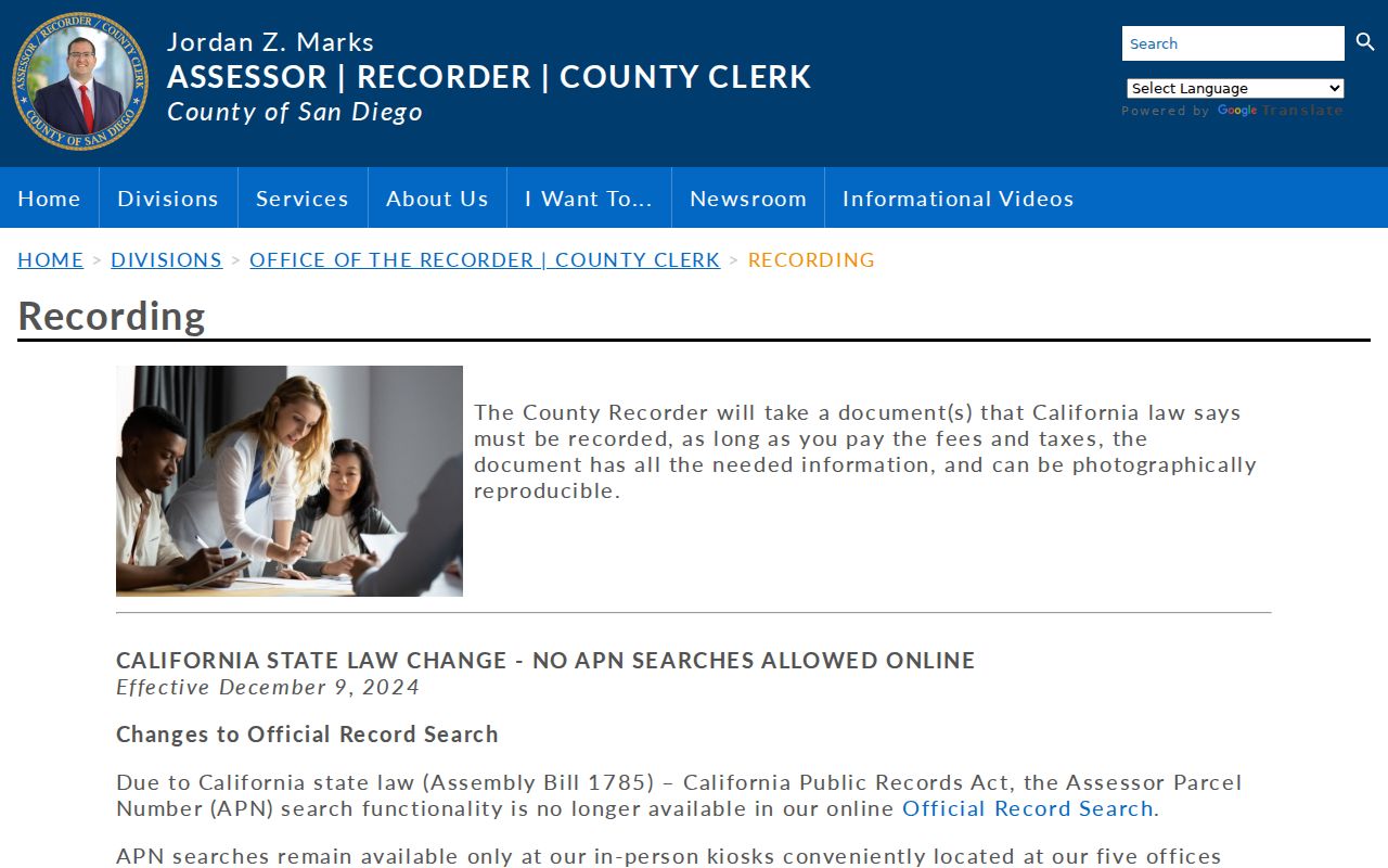 Lemon Grove previous residents recorder rules and APN search change
