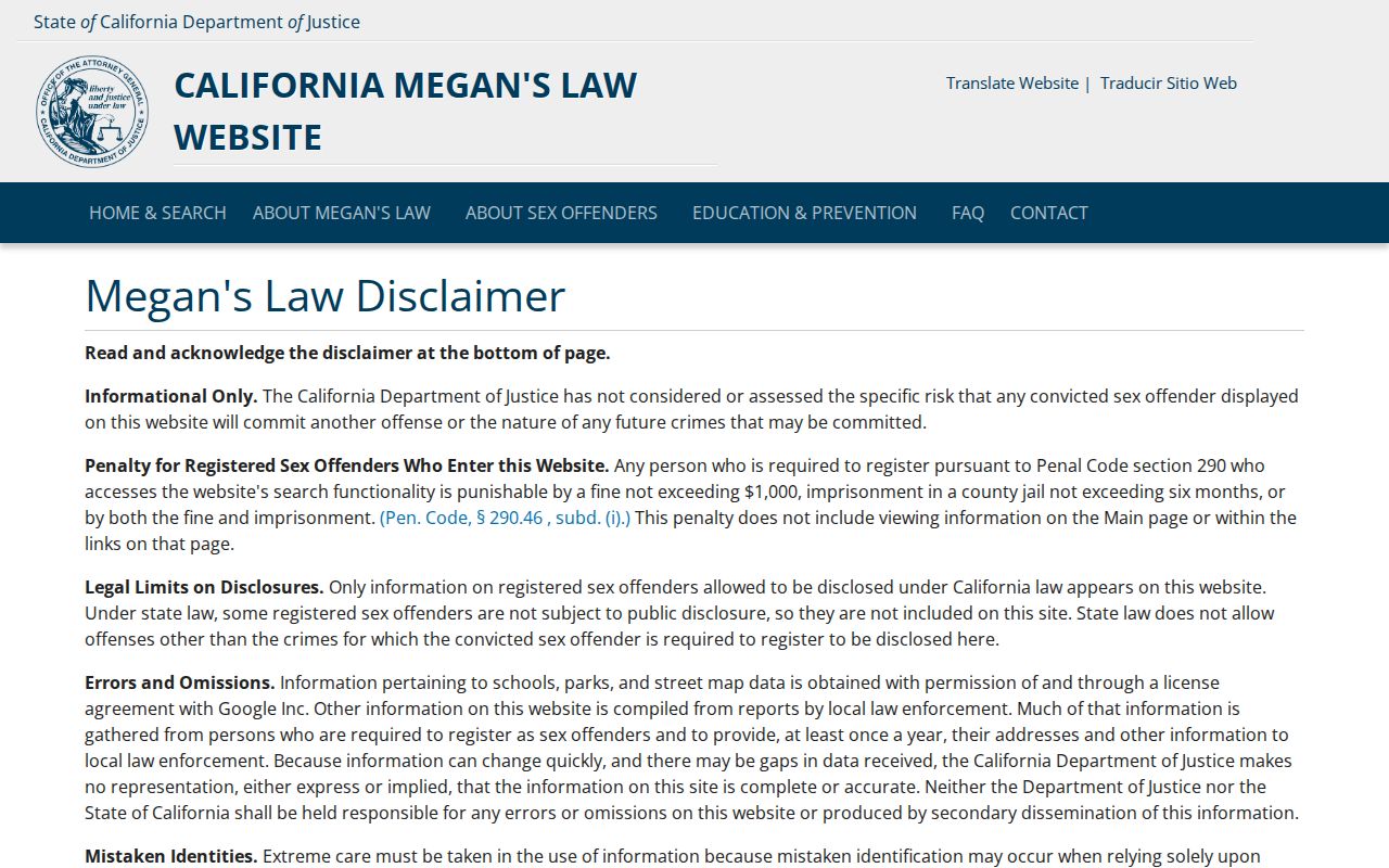 Lemon Grove resident lookup view of California Megan's Law search