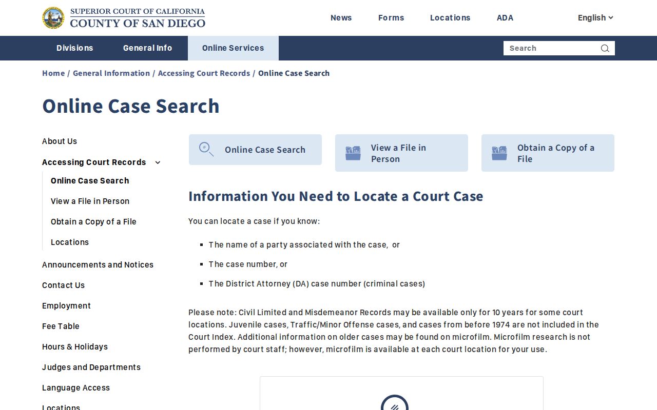 Lemon Grove resident lookup view of San Diego Superior Court online case search