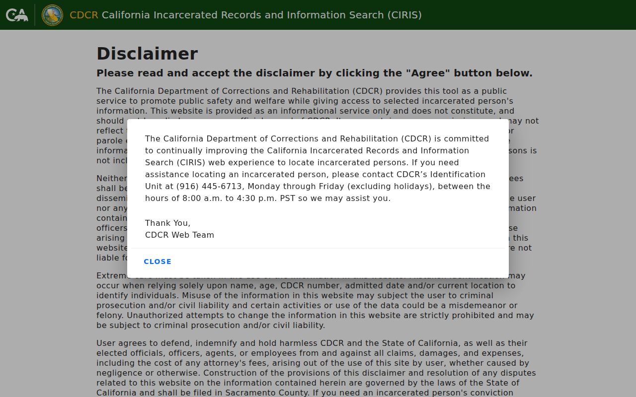 Lemon Grove resident lookup view of the California incarcerated person locator