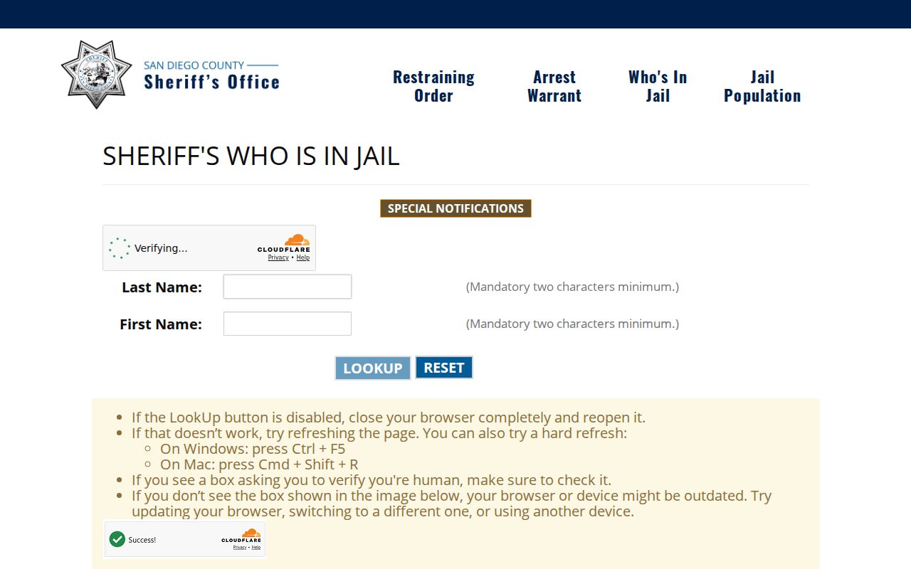 Lemon Grove resident lookup view of San Diego County Sheriff custody search
