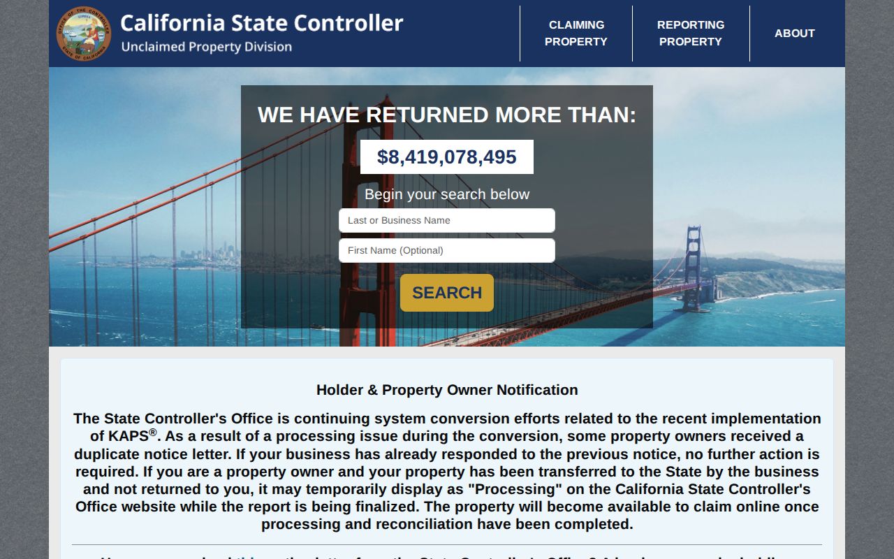Lemon Grove ZIP code directory view of the California unclaimed-property search
